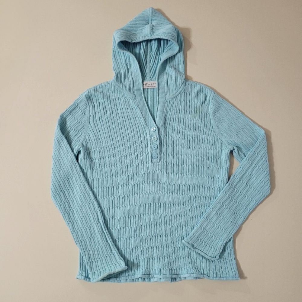 Villager Liz Claiborne Women's Aqua Hooded Cable-knit Pullover Sweater